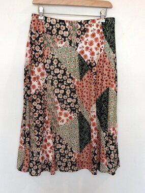 Patchwork Print Midi Skirt Sz M Floral Stretch Lined Boho Cottagecore 90s Y2K